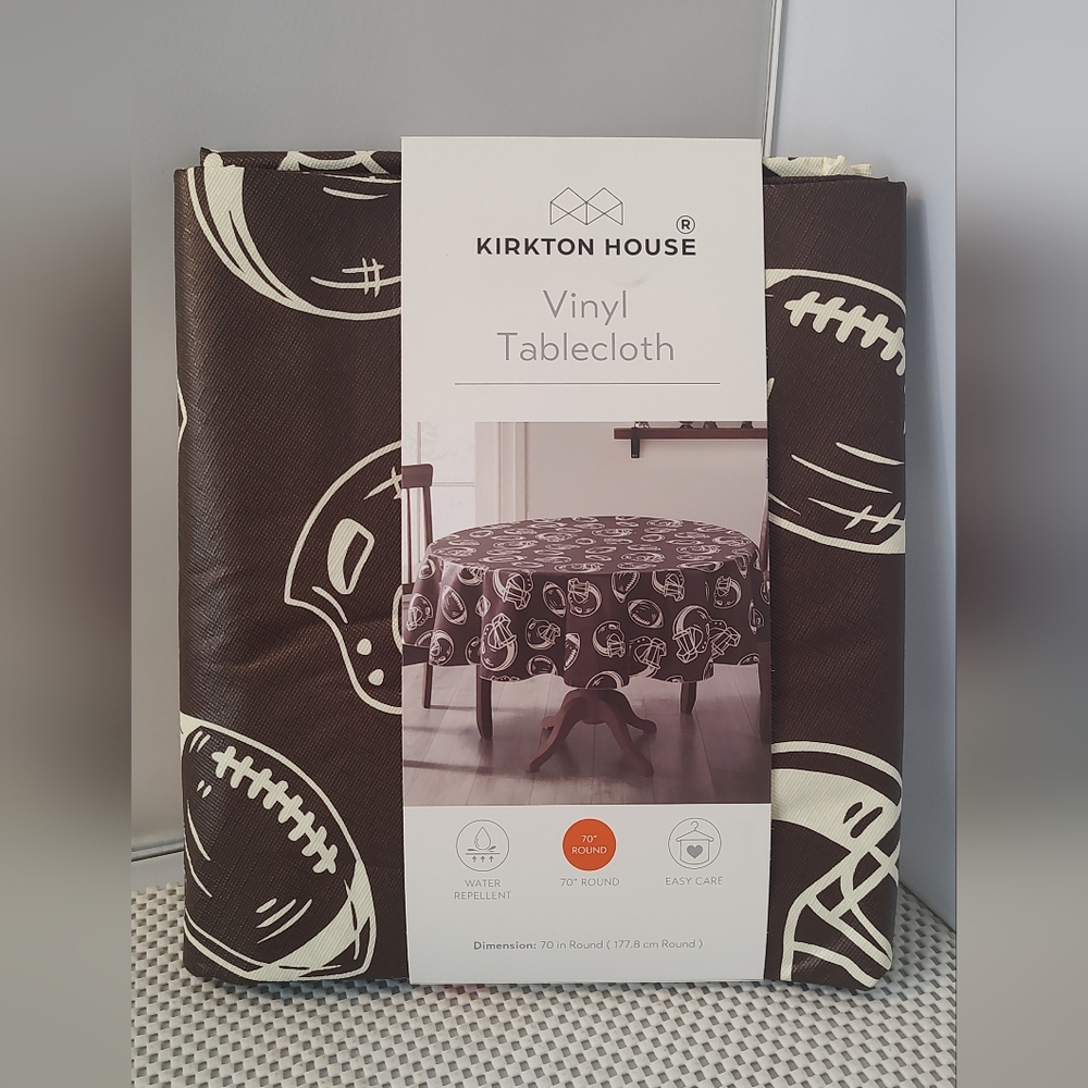 Kirkton House Vinyl Tablecloth 70" Round Brown/Cream Football NWT